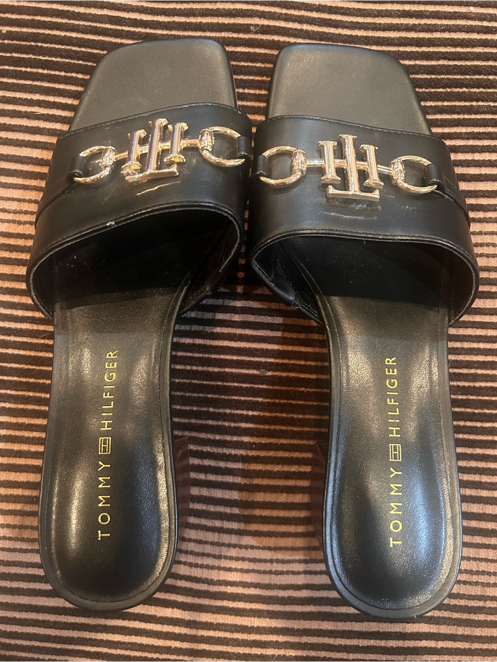 Tommy Hilfiger Black Slide Sandals with Gold Hardware